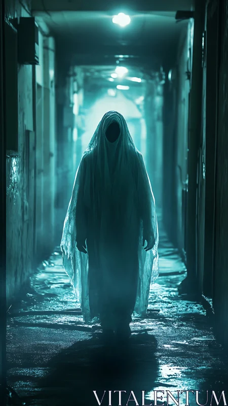 Backlit shrouded figure advances through wet neon corridor