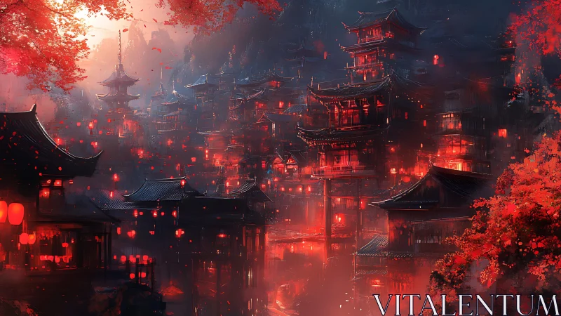 Digital painting of red lantern pagoda city in misty valley night.