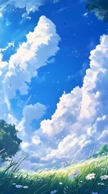 Cloud-filled blue sky over grassy wildflower field illustration.