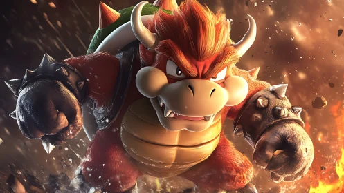 Fiery armored monster charges through explosive battlefield.