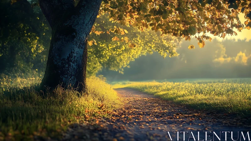 Golden woodland path curves beneath sunlit branches.