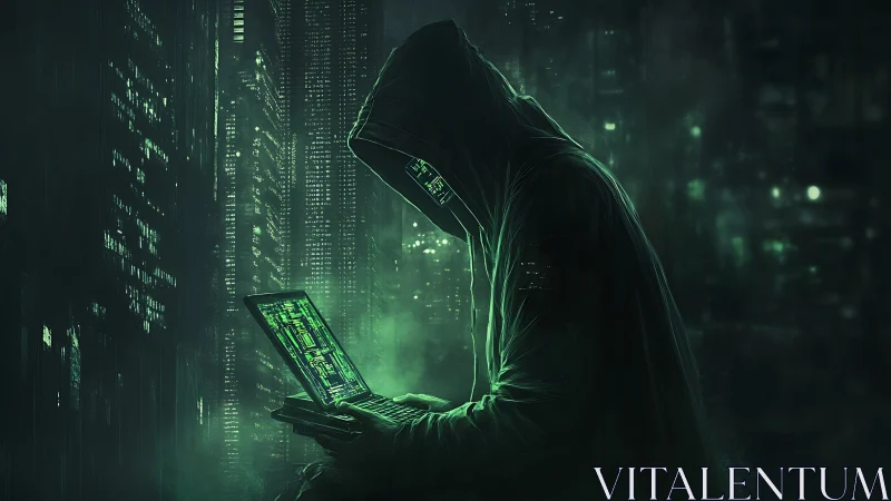 Hooded hacker with laptop in neon green cyber city night.