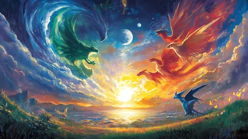 Elemental dragon clash over radiant fantasy shoreline at dusk.