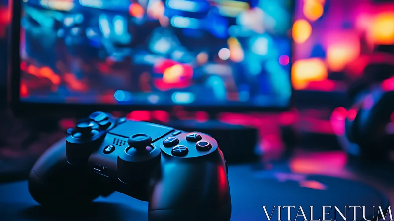 Game controller glows under neon gaming setup lights.