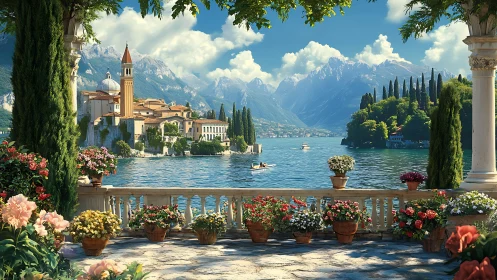 Terrace garden view over alpine lake and village.