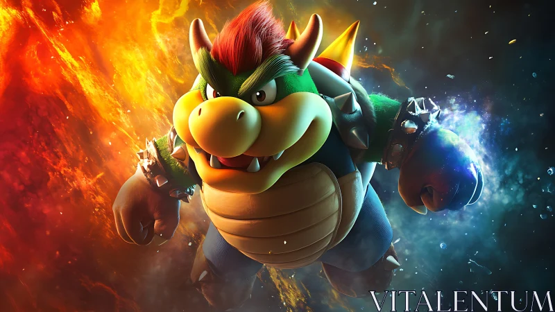 Fiery turtle warrior charges through molten cosmic storm.