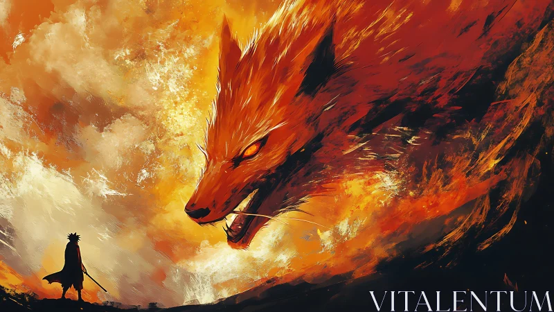 Fiery fox spirit confronting lone warrior in blazing sky.
