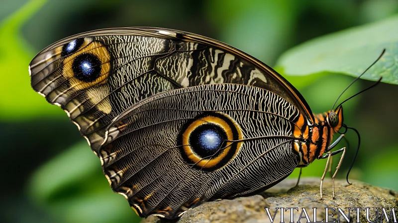 Macro study of owl butterfly wing patterning in profile view.