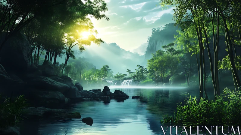 Dense riverside forest with distant waterfall at sunrise.