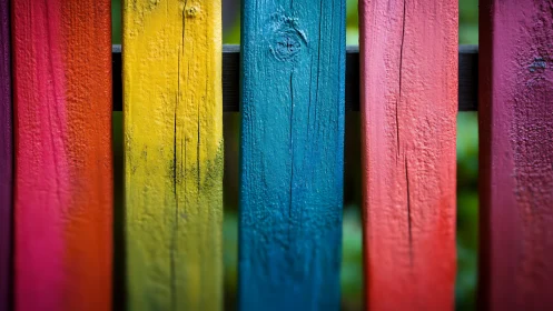 Rainbow painted fence slats with joyful rustic texture.