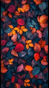 Autumn leaves create vivid contrast over deep teal ground.