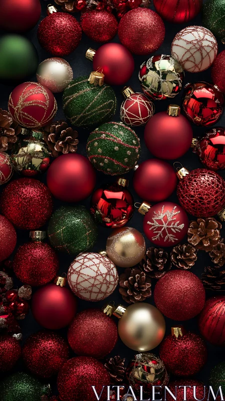 Red, green and gold Christmas ornaments and pine cones