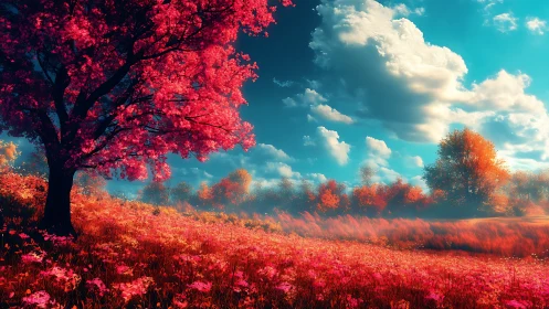 Crimson meadow glows beneath vibrant clouds at golden hour