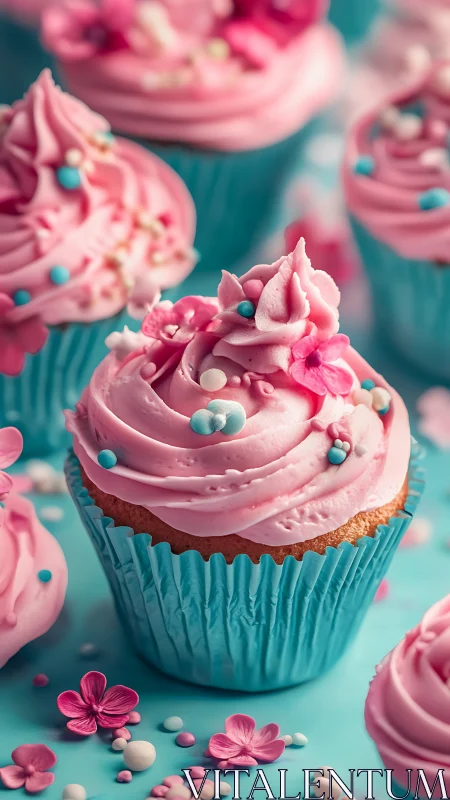 Pink Frosted Cupcakes with Turquoise Wrapper and Pearl Decorations.