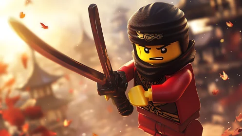 Plastic warrior lunges through autumn light with twin blades