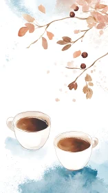 Two coffee cups sit below watercolor leaves and berries