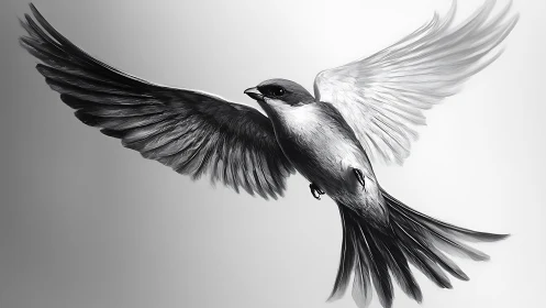 Elegant black and white bird in flight, digital illustration style.