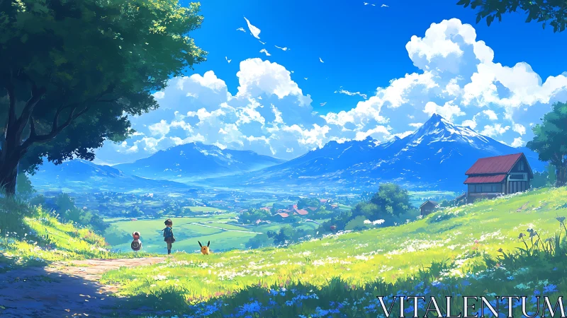 Sunny valley journey with children under expansive skies.