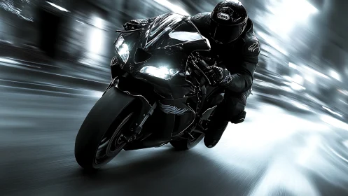 Midnight rider leans into speed on a sleek sport motorcycle