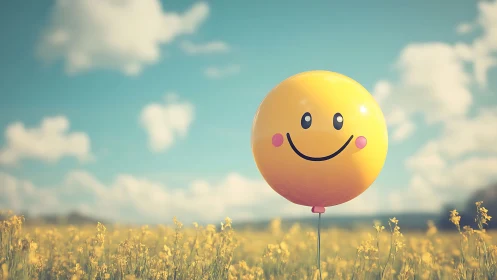 Smiley balloon floats over dreamy yellow wildflower field