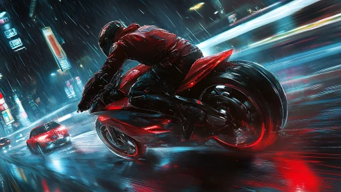 Motorcyclist on wet neon city street in heavy nighttime rain.