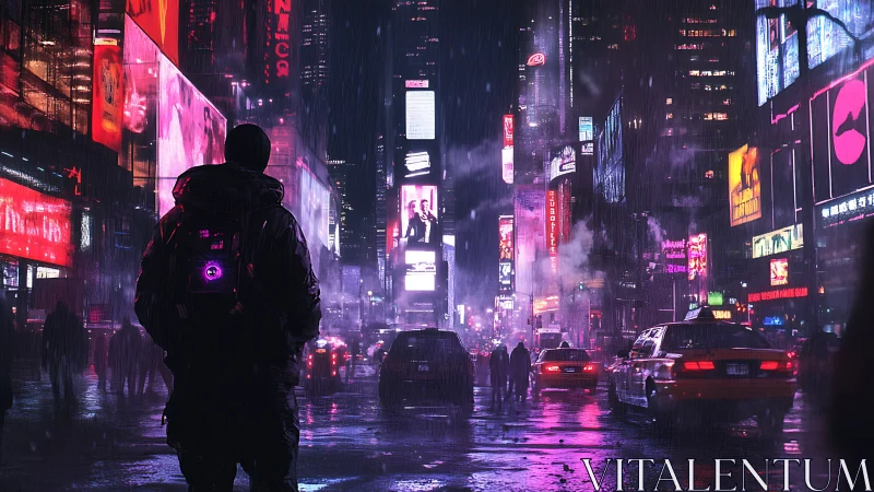Solitary hooded figure in neon rain-soaked cyberpunk avenue