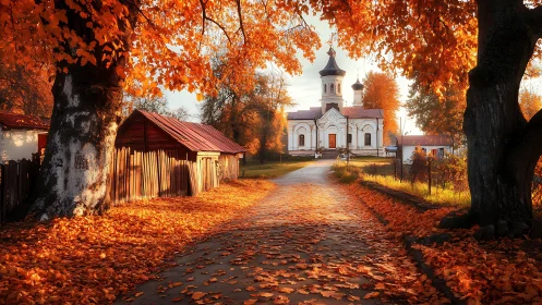 Village church at end of autumn lane framed by trees.