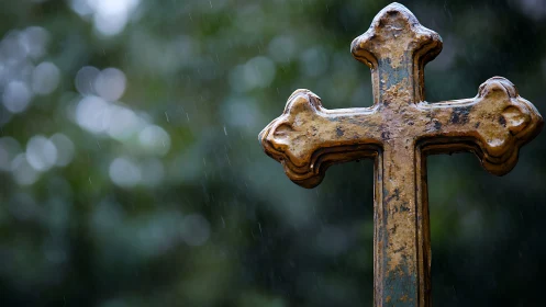 Weathered metal cross against soft bokeh rain field depth study.