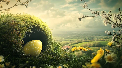 Mossy hillside burrow with speckled yellow egg and spring meadow