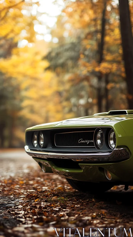 Vintage green muscle car front amid warm autumn forest.