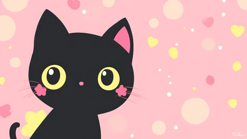 Black Cat with Yellow Eyes Among Decorative Heart and Circle Shapes