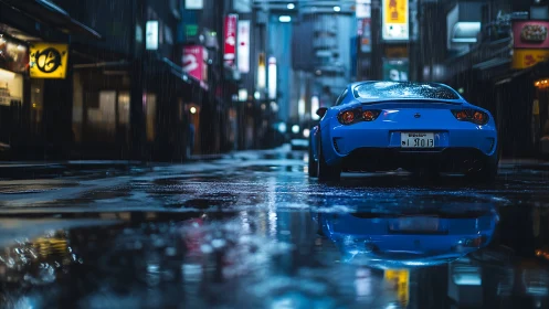 Blue sports car glows on neon wet Tokyo backstreet.