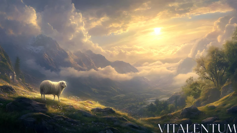 Solitary sheep stands on sunlit ridge beneath glowing sky