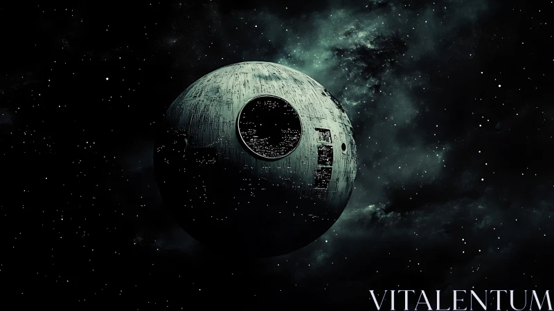 Stark battle station drifts alone in a brooding starfield.