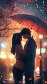 Two souls dance beneath scarlet umbrellas while cherry blossoms waltz downward