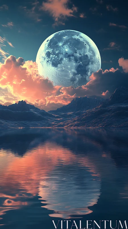 Colossal moonrise above glacial lake in pastel twilight.