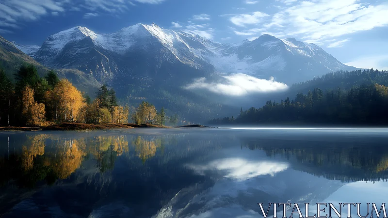 Snowcapped mountain lake reflects golden autumn forest quietly