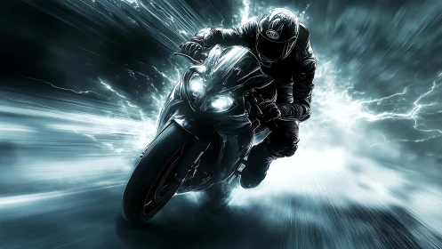 Sport motorcycle rider bursts through electric speed tunnel.