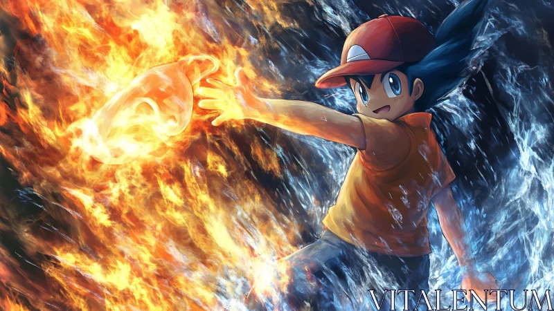 Dynamic anime hero manipulating opposing fire and ice elements