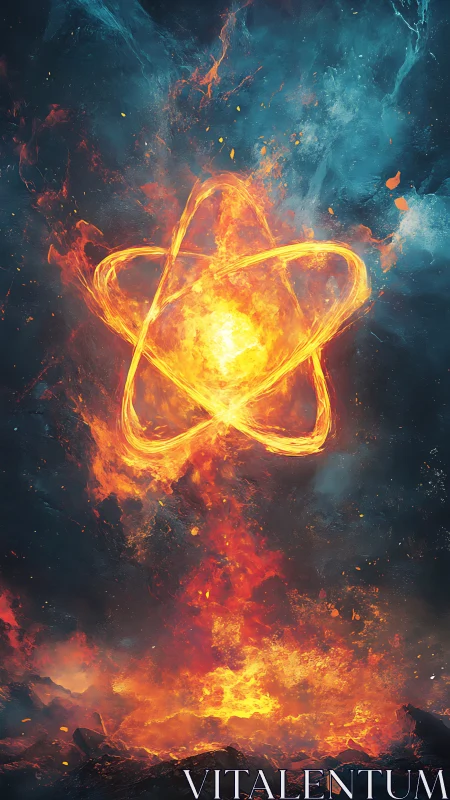 Fiery atomic symbol burning in a stormy cosmic void.