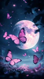 Violet butterflies drift across a glowing moonlit dream sky