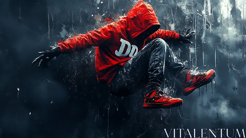 Hooded street dancer in red jumps against dark backdrop.