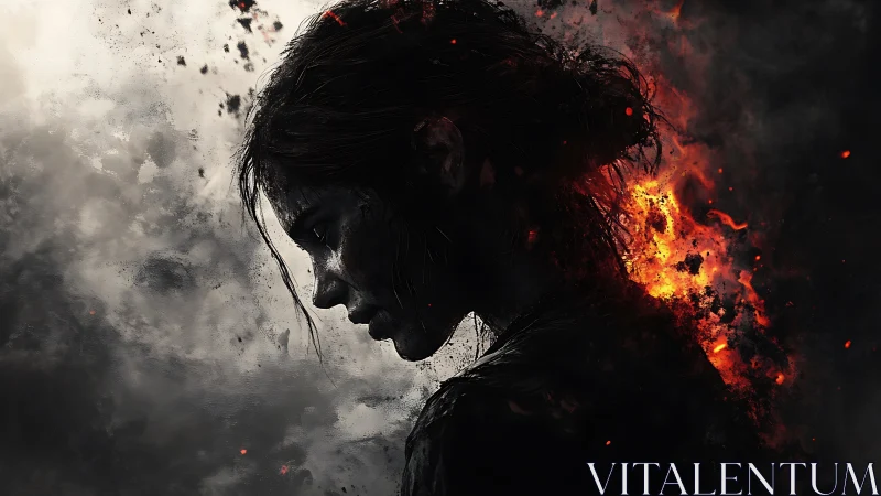 War-torn woman silhouette ignites with burning embers