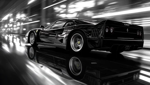 Black sports car on wet urban road at night in motion blur.