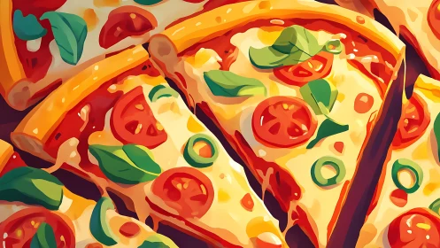 Golden pizza slices glow with melty cheese and fresh toppings