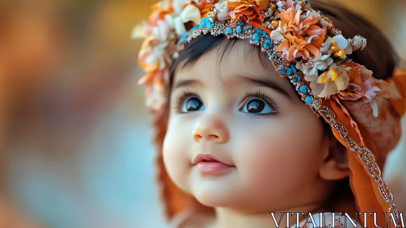 Infant portrait with floral headpiece in warm bokeh light.