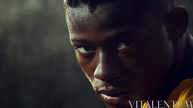 Sweat covered athlete stares intensely into the camera