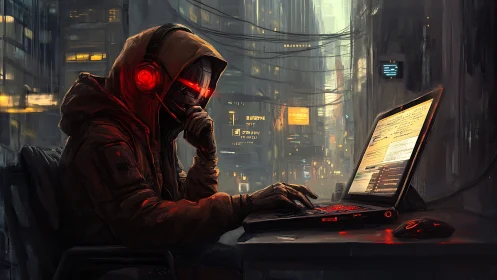 Cyberpunk hooded hacker at neon-lit terminal workstation.