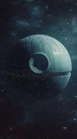 Spherical sci fi space station floats alone in deep space