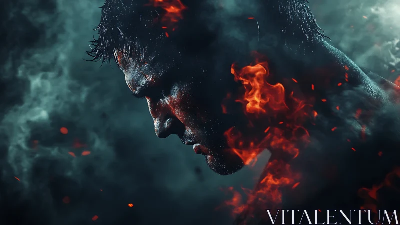 Burning warrior profile in smoke and embers stormed portrait.